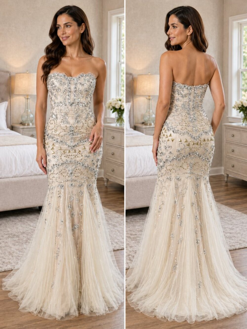 Jovani Beige Silver Strapless Mermaid Formal Gown $794